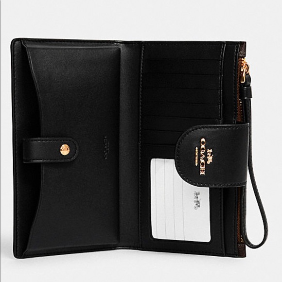 Coach Tech Phone Wallet In Colorblock Signature Canvas Gold/Brown/Black - Picture 2 of 5